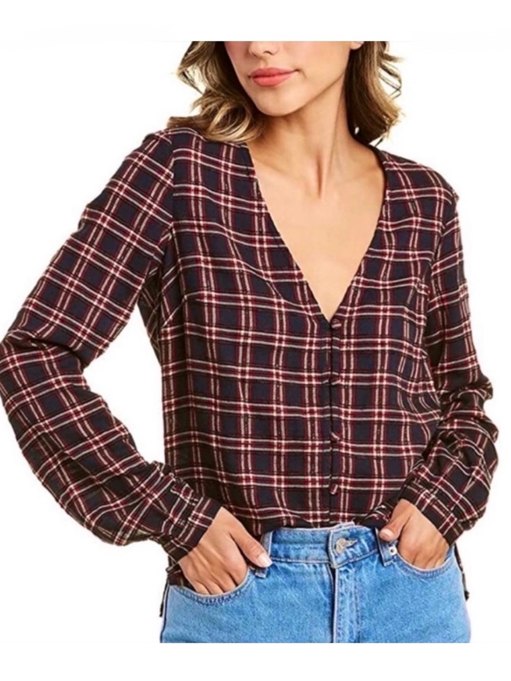 VERONICA BEARD Plaid Cotton‎ Wool Flannel V-Neck Lightweight Button Up Blouse 2
